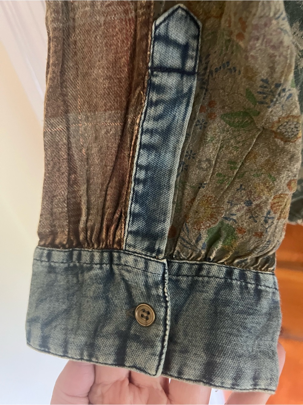 Young Threads Patchwork Washed Denim Button-Up Boho Shirt Jacket with pockets. - Picture 4 of 6